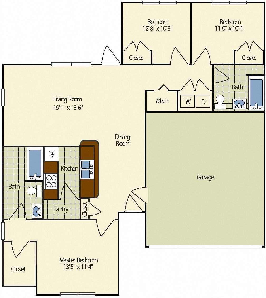 Floor plan for 3 beds, 2 baths, 1690 sqft